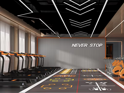 Fitness Gym Interior With Treadmills Exercise Mats Area Never Stop Wall And Modern Lighting Design 3d model