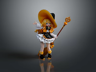 Anime Game Character In Witch Costume With Yellow Hat Holding Magic Staff and Broom 3d model