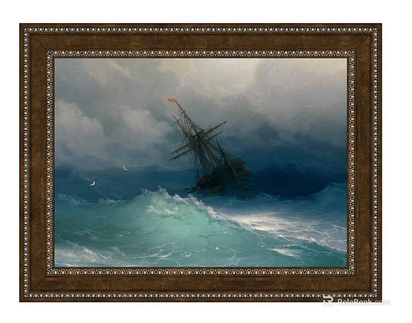 Stormy Sea Oil Painting With Sailing Ship Waves And Cloudy Sky 3d model 