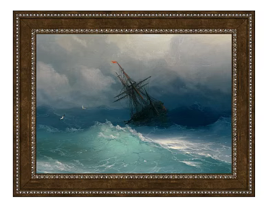 Stormy Sea Oil Painting With Sailing Ship Waves And Cloudy Sky 3d model