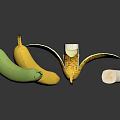 Fresh Bananas in Different Stages Green Yellow Peeled and Sliced on Black Background with Reflection