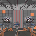 SF SPORT Fitness Studio Featuring Spin Bikes Large Screens Orange Black Decor And Ceiling Lines