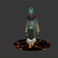 Fantasy Game And Movie Character With Red Outfit Headpiece Flaming Hands And Lava Ground