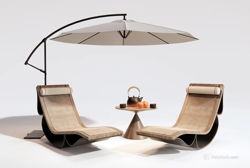 Modern Outdoor Lounge Chairs With Side Table Tea Set And Umbrella 3d model