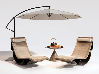 Modern Outdoor Lounge Chairs With Side Table Tea Set And Umbrella 3d model