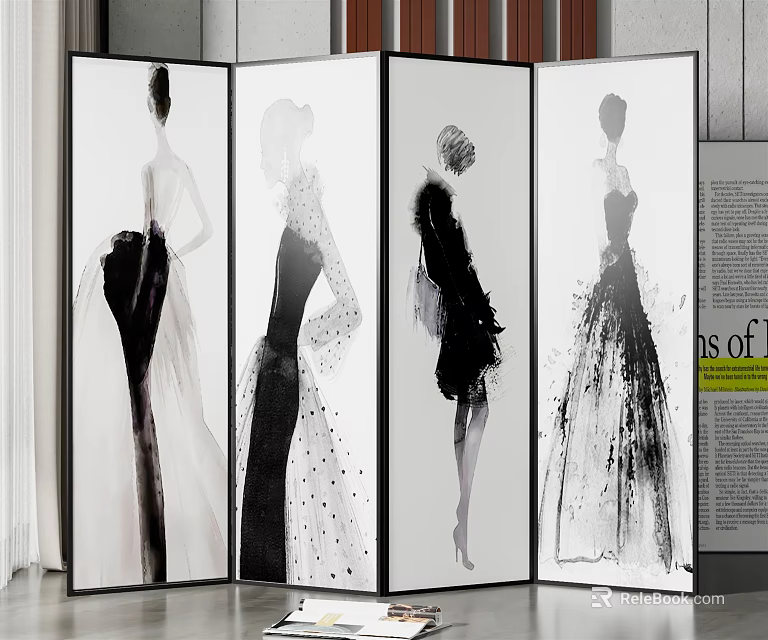 Four Panel Room Divider With Women Silhouette in Evening Dresses Black and White Art Design 3d model 