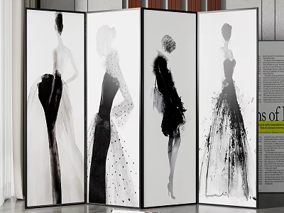 Four Panel Room Divider With Women Silhouette in Evening Dresses Black and White Art Design 3d model