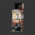 Vintage Red Building Model Featuring Ornate Windows And Arched Entrance