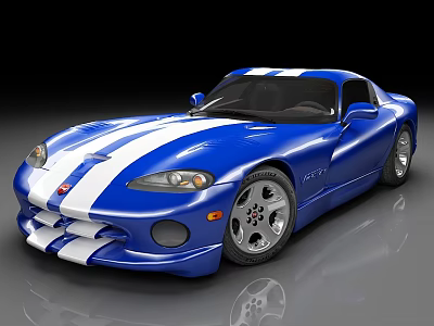 Blue Dodge Viper Sports Car With White Stripes And Shiny Alloy Wheels 3d model