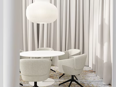 Modern Interior With Round White Table And Beige Fabric Chairs Soft Curtains And Pendant Light 3d model