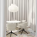 Modern Interior With Round White Table And Beige Fabric Chairs Soft Curtains And Pendant Light