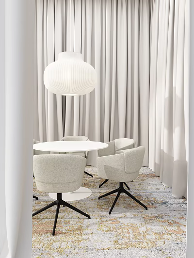 Modern Interior With Round White Table And Beige Fabric Chairs Soft Curtains And Pendant Light 3d model