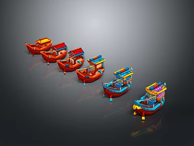 Colorful Decorative Boat Models With Red Blue Hulls Ornate Roofs Arranged On Dark Background 3d model