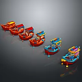 Colorful Decorative Boat Models With Red Blue Hulls Ornate Roofs Arranged On Dark Background