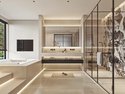 Modern Bathroom Interior With Bathtub Glass Shower Marble Wall And Ambient Lighting Design 3d model