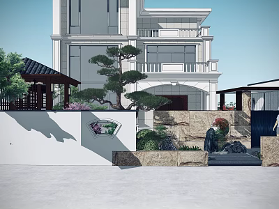 Garden Landscape Design With Modern Building Rockery Pine Tree Pavilion And Stone Wall 3d model