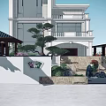 Garden Landscape Design With Modern Building Rockery Pine Tree Pavilion And Stone Wall