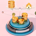 Gold Coins and Bars on Balance Scale with Euro Symbol Blue Base and Pink Background