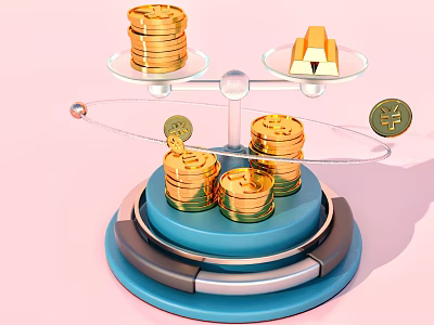 Gold Coins and Bars on Balance Scale with Euro Symbol Blue Base and Pink Background 3d model