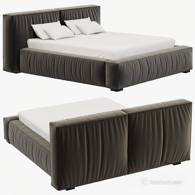 Modern Dark Brown Leather Double Bed With White Mattress And Headboard 3d model 
