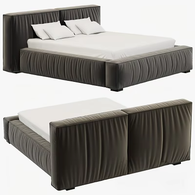 Modern Dark Brown Leather Double Bed With White Mattress And Headboard 3d model