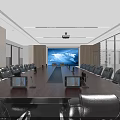 Modern Office Interior With Work Desk Computer Sofa Decorative Painting And Large Windows 3d model