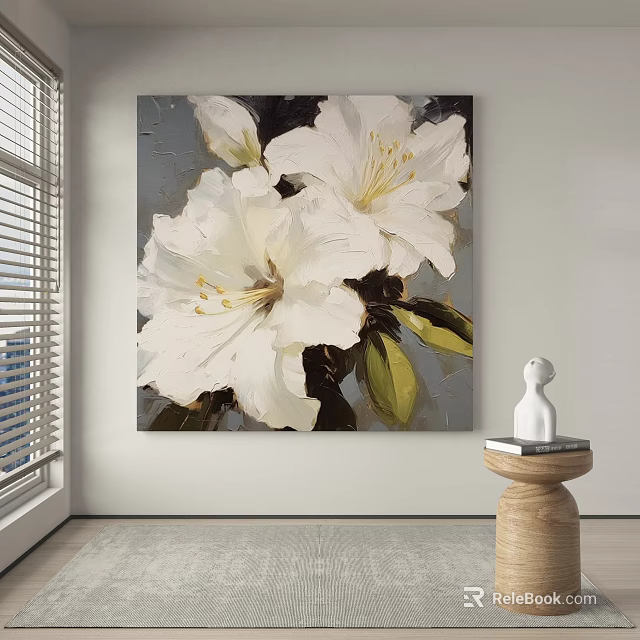 Botanical Painting With White Flowers Green Leaves Dark Background Hanging In Modern Interior Room 3d model 