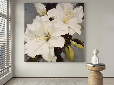 Botanical Painting With White Flowers Green Leaves Dark Background Hanging In Modern Interior Room 3d model