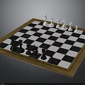 Chessboard Black And White Squares With Gold Border And Arranged Black White Chess Pieces