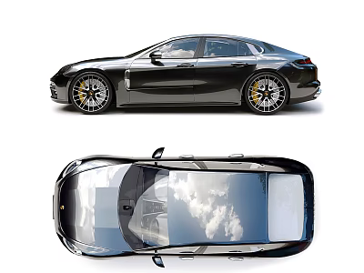 Black Sedan Exterior With Sleek Design Yellow Alloy Wheels And Top View 3d model