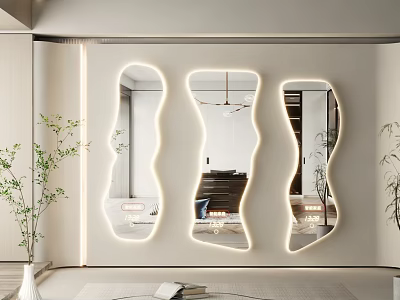 Stylish Irregularly Shaped Mirrors with Illuminated Frames Wall Mounted in Modern Interior and Decorative Plants 3d model