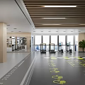 Modern Fitness Gym with Treadmills Weight Machines Yellow White Floor Markers Plants and Windows