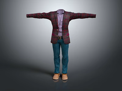 Stylish Plaid Blazer Outfit with Purple Shirt Blue Jeans and Brown Shoes 3d model