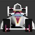 Cartoon Style White Pink Yellow Race Car With Large Wheels Rear Wing And Geometric Patterns