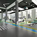Modern Car Dealership Showroom With Multiple Cars Display Screens And Tables Chairs