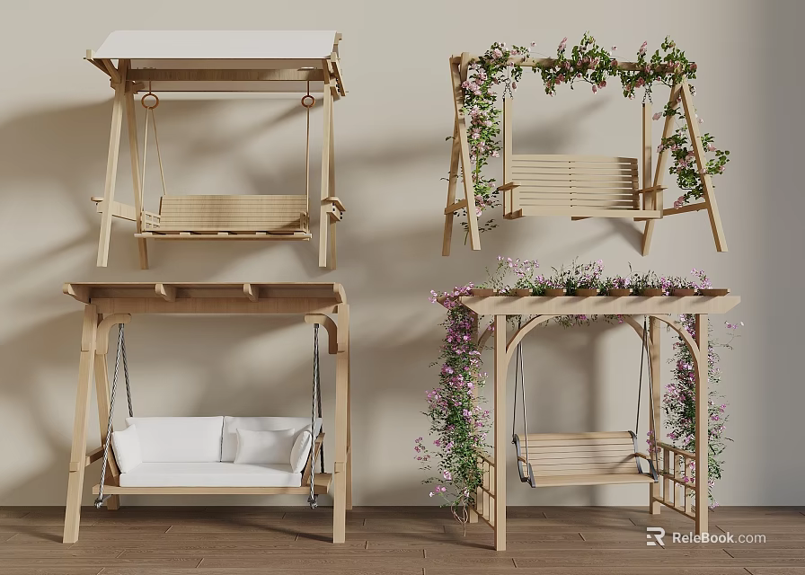 Different Styles Of Wooden Swings With Lush Vines And Flower Decorations 3d model 