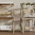 Different Styles Of Wooden Swings With Lush Vines And Flower Decorations