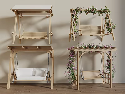 Different Styles Of Wooden Swings With Lush Vines And Flower Decorations 3d model