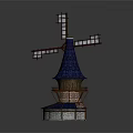 Cartoon Style Windmill Building With Blue Roof Wooden Blades And Stone Base