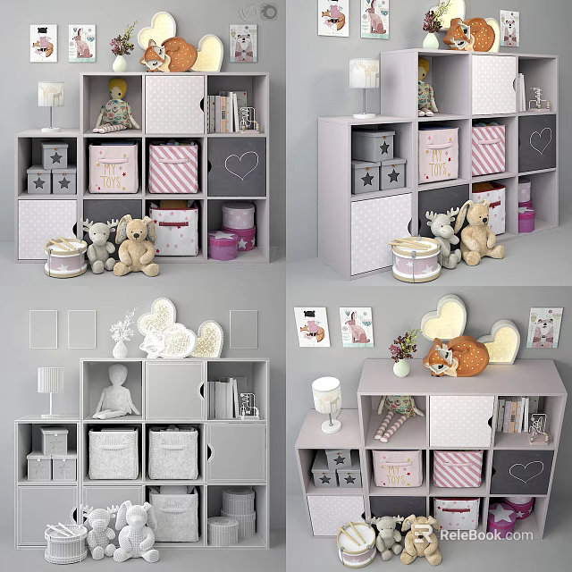 Modern Gray Decorative Cabinet With Storage Boxes Stuffed Toys And Decorative Lamps 3d model 