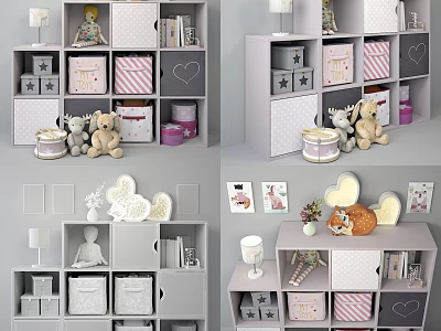 Modern Gray Decorative Cabinet With Storage Boxes Stuffed Toys And Decorative Lamps 3d model