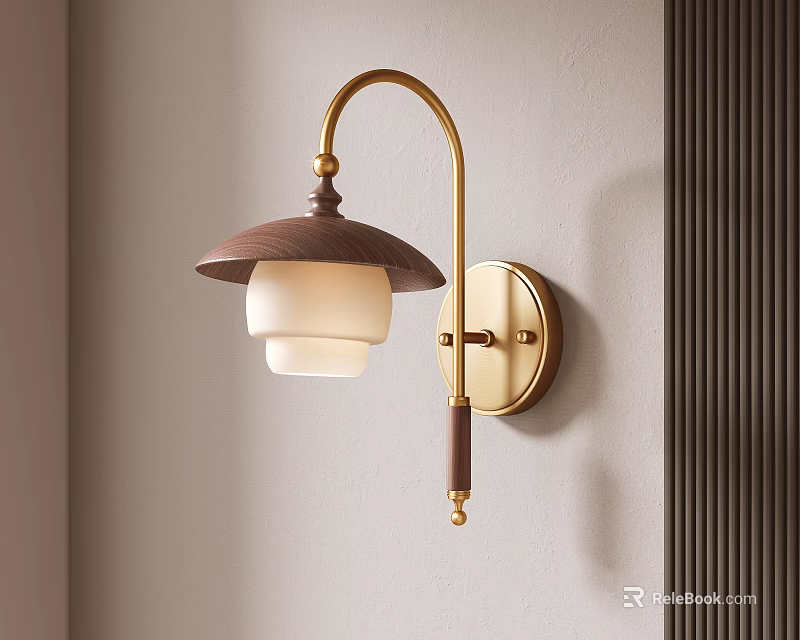 Elegant Modern Wall Light With Golden Bracket And Wooden Lampshade 3d model 