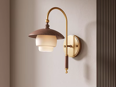 Elegant Modern Wall Light With Golden Bracket And Wooden Lampshade 3d model