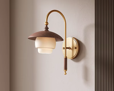 Elegant Modern Wall Light With Golden Bracket And Wooden Lampshade 3d model