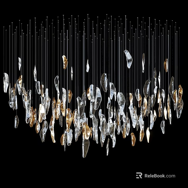Modern Artistic Chandelier With Black Metal Wires And Transparent Gold Decorative Pieces 3d model 