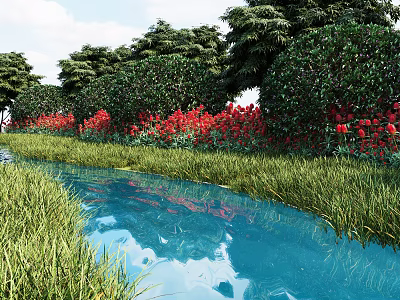Beautiful Courtyard Garden with Water Pond Red Flowers Green Trees and Reflection 3d model