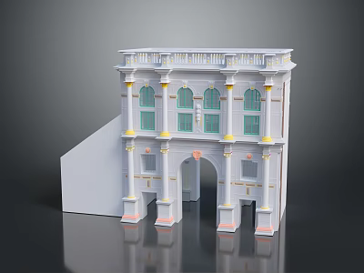 Classical Architectural Model Detailed White Structure With Yellow Accents Archway Windows And Columns 3d model
