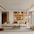 Modern Living Dining Room With Beige Sofa Wooden Bookshelf and Floor to Ceiling Window