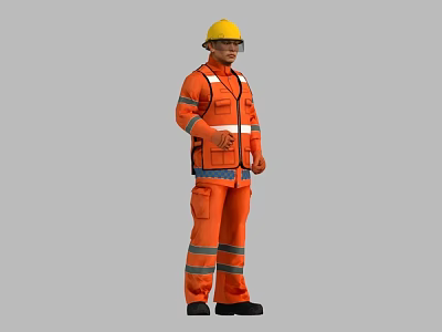 Man In Orange Work Uniform With Yellow Hard Hat And Reflective Stripes 3d model
