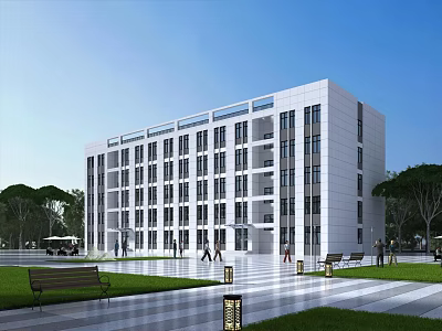 Modern White School Building Exterior With Large Windows Lawn Benches And Trees 3d model